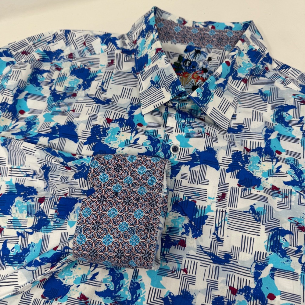 Robert Graham Mens Marshfield Geometric Blue White Flip Cuff Long Sleeve XL‎